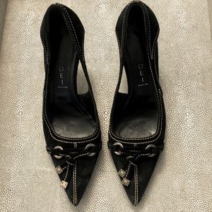 Casadei Suede Pumps Size 36.5 , Heel 3” with a gorgeous Beige Stitch and ties